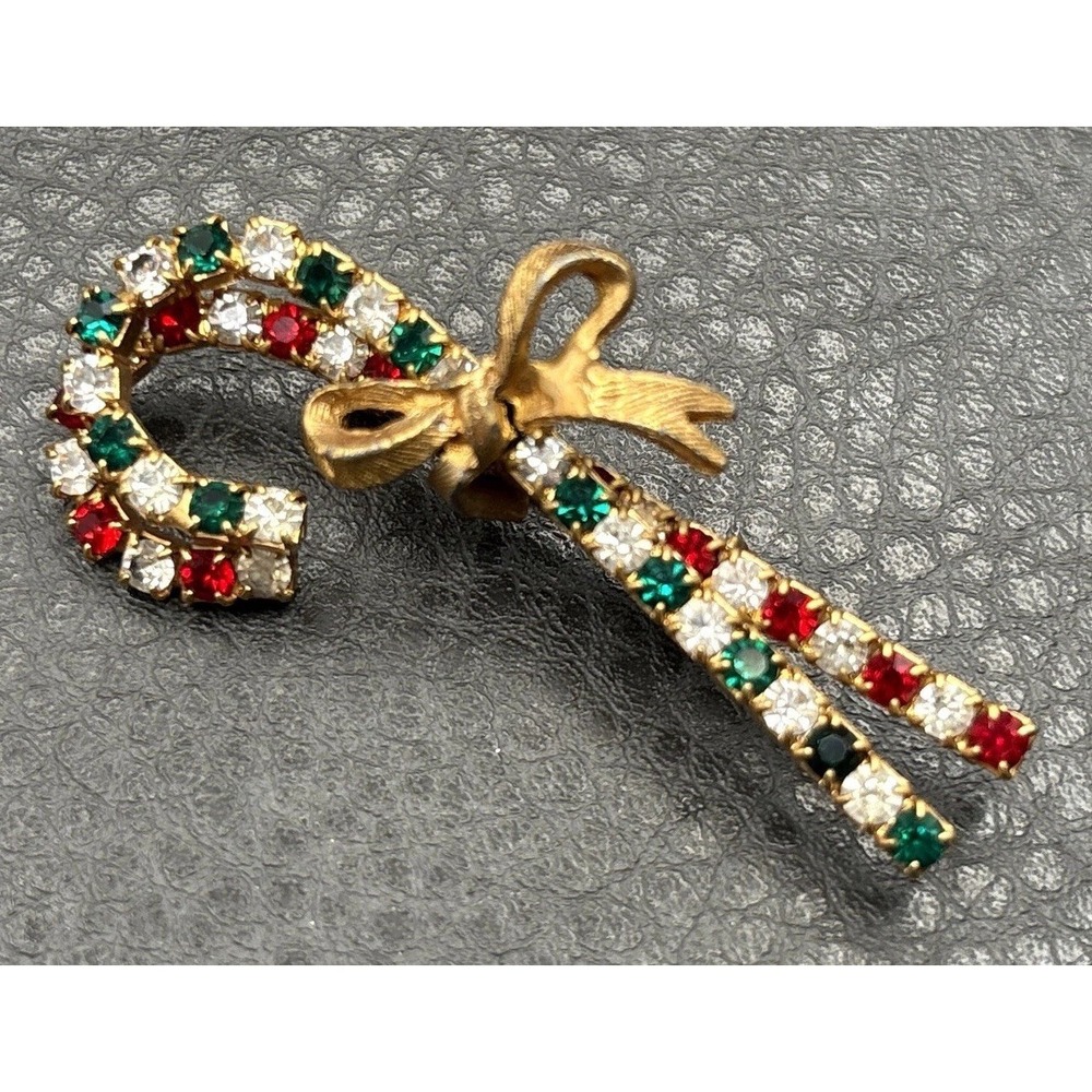 Vintage Gold Tone Christmas Candy Cane Pendant Red Green Clear Rhinestone Brooch